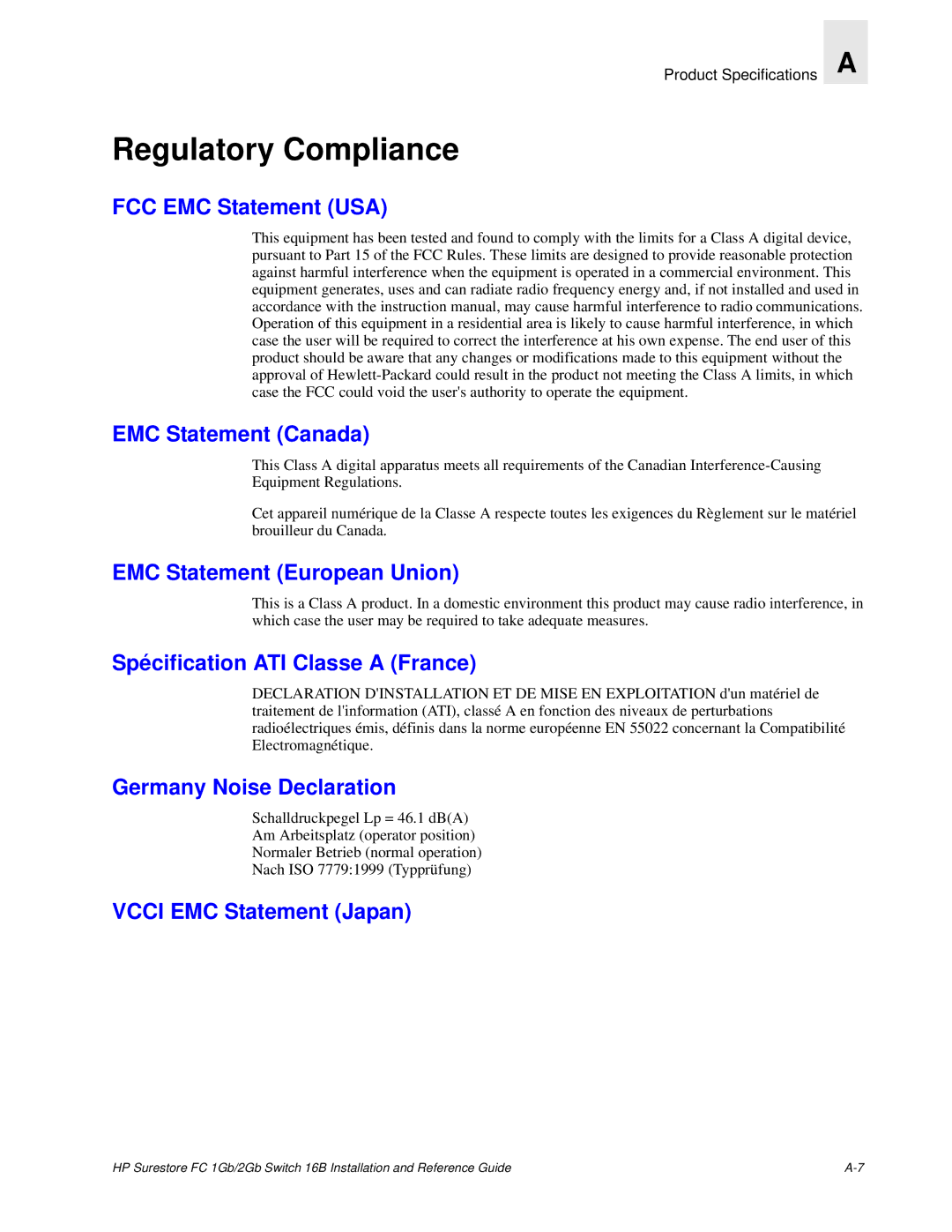 HP FC 1GB/2GB 16B manual Regulatory Compliance, FCC EMC Statement USA EMC Statement Canada 