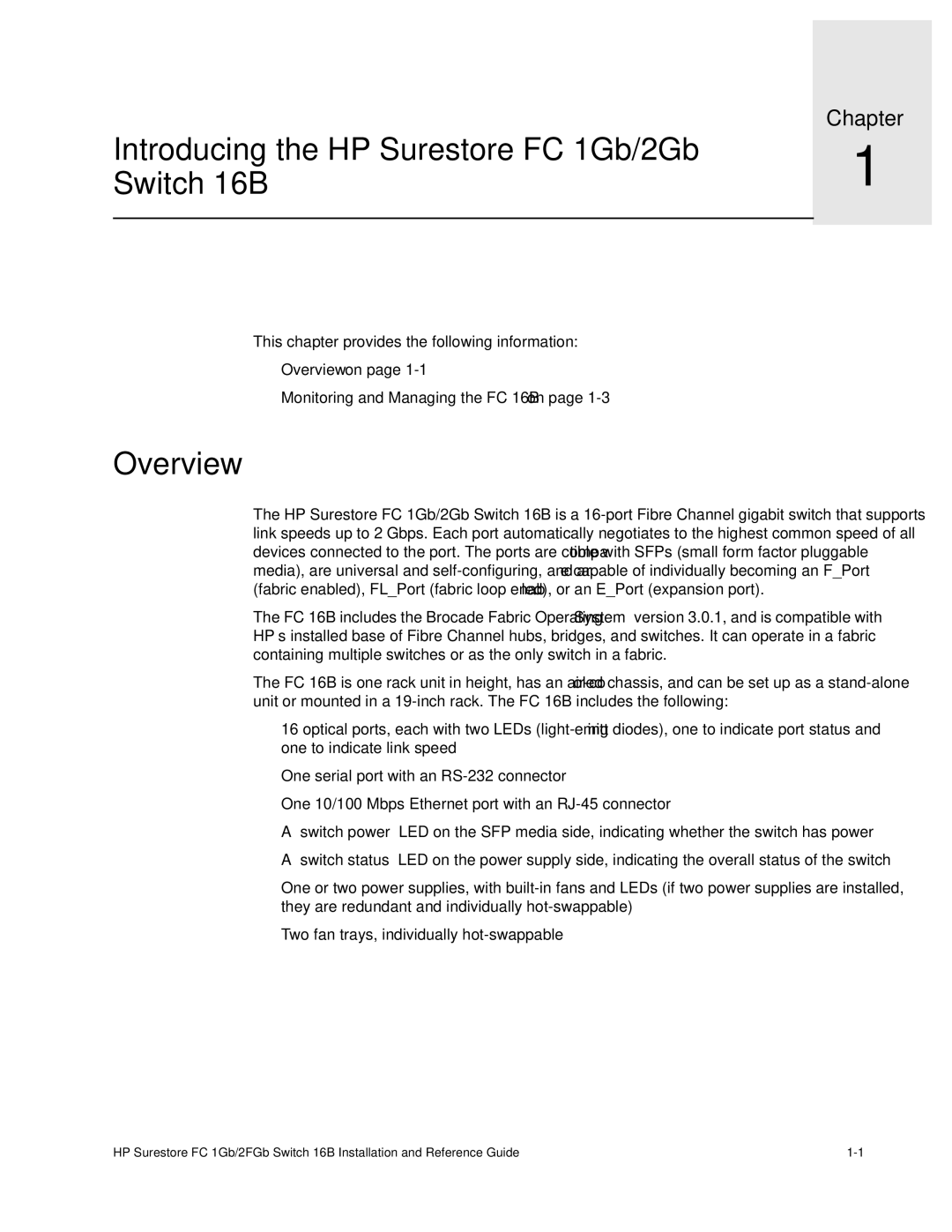 HP FC 1GB/2GB 16B manual Introducing the HP Surestore FC 1Gb/2Gb, Switch 16B, Overview 