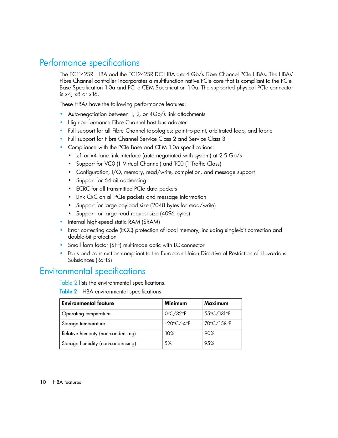 HP FC1242SR, FC1142SR manual Performance specifications, Environmental specifications 