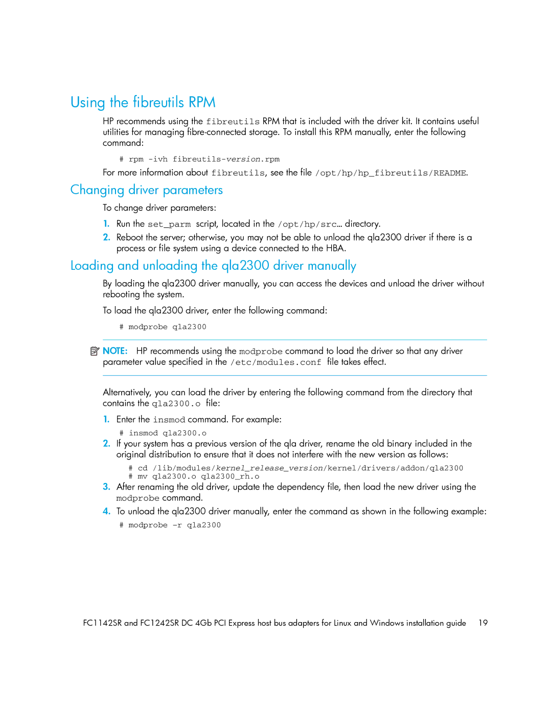 HP FC1142SR Using the fibreutils RPM, Changing driver parameters, Loading and unloading the qla2300 driver manually 