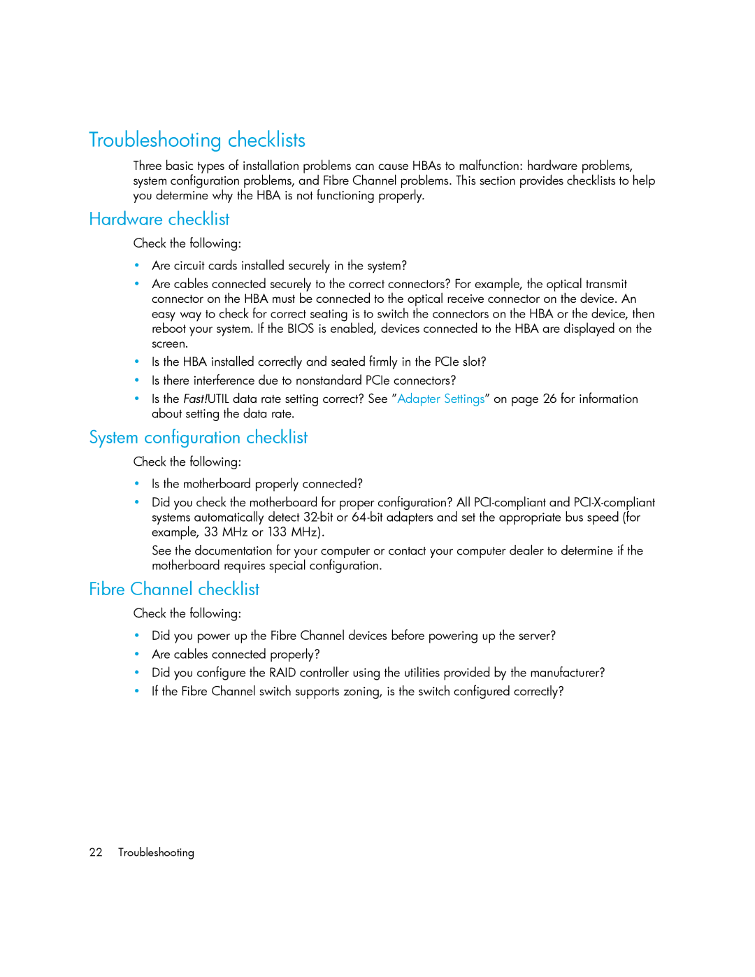 HP FC1242SR manual Troubleshooting checklists, Hardware checklist, System configuration checklist, Fibre Channel checklist 