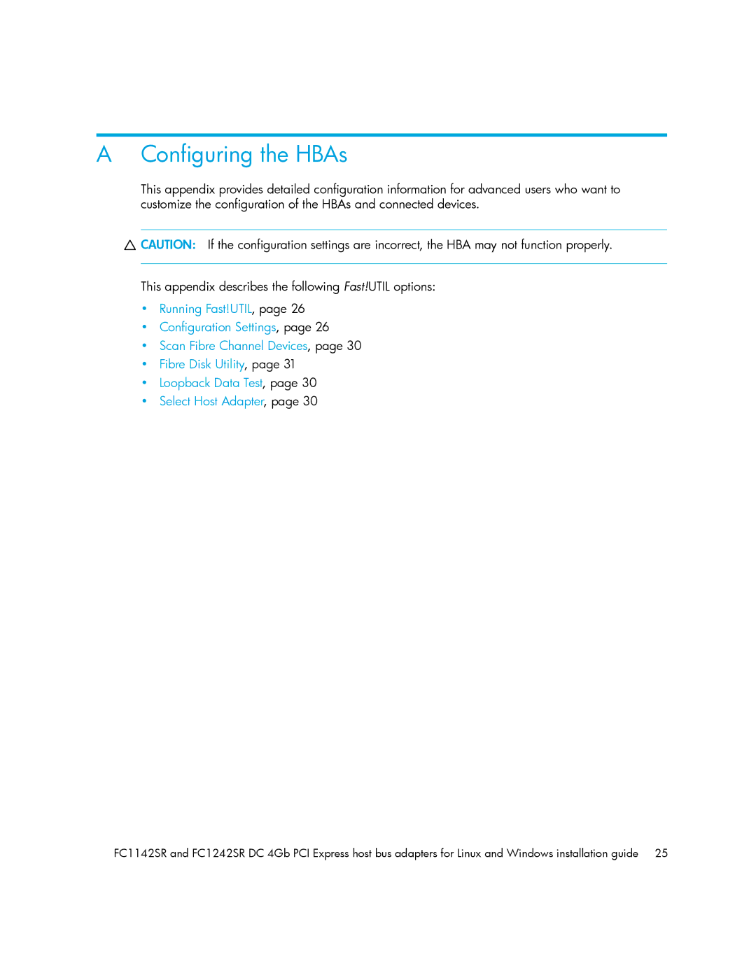 HP FC1142SR, FC1242SR manual Configuring the HBAs 