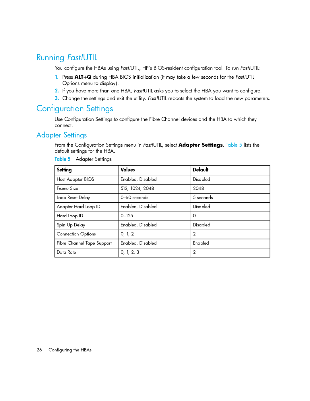 HP FC1242SR, FC1142SR manual Running Fast!UTIL, Configuration Settings, Adapter Settings 