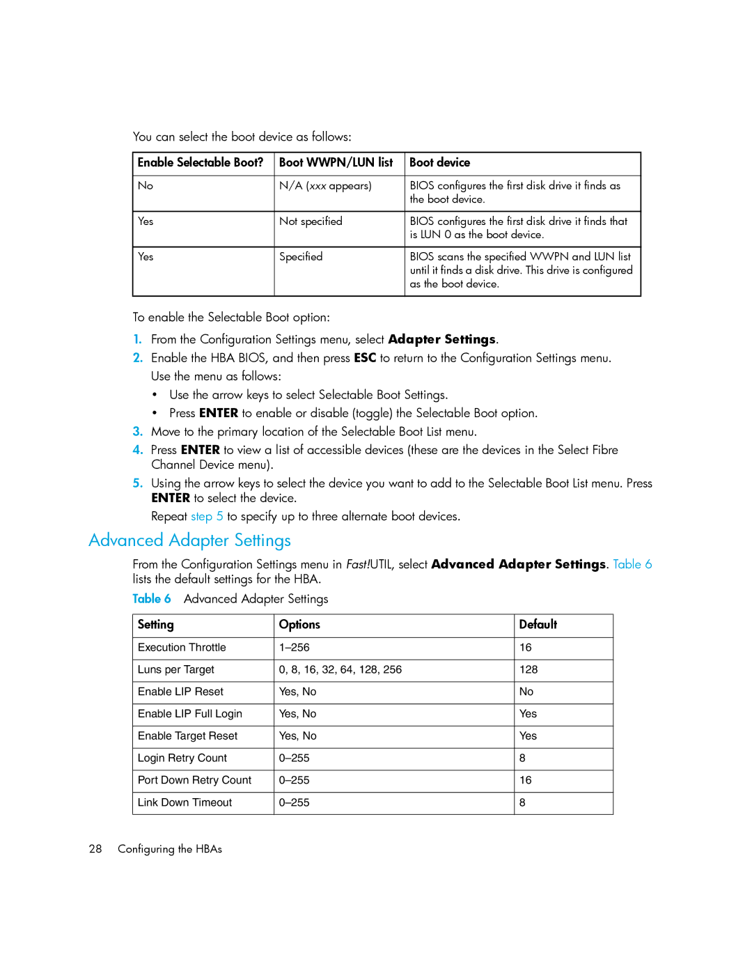 HP FC1242SR, FC1142SR manual Advanced Adapter Settings 