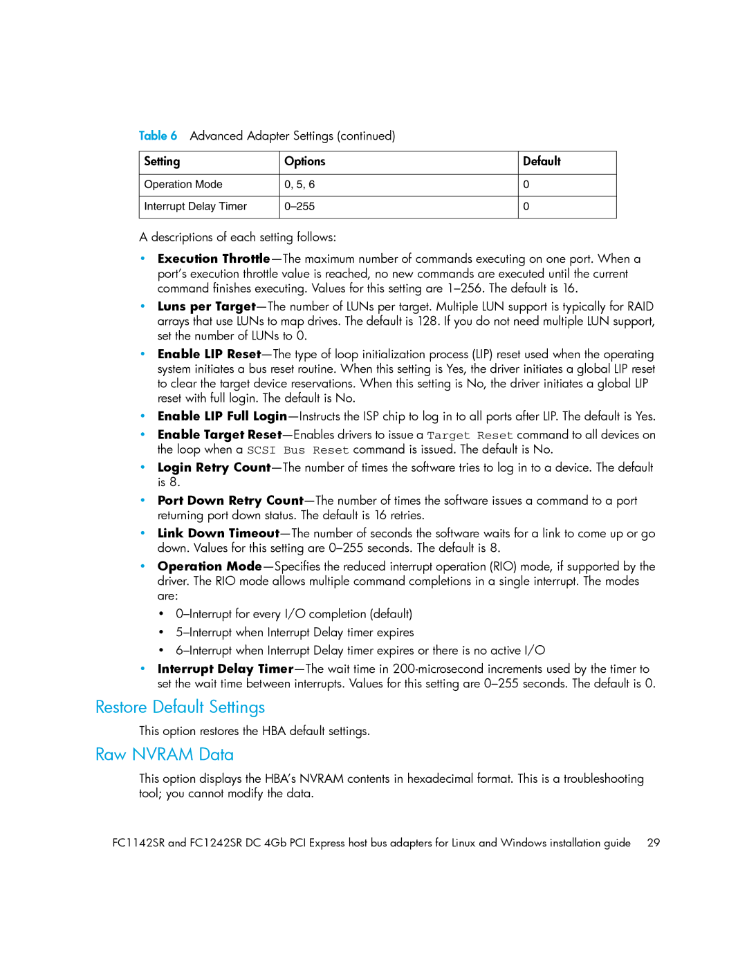 HP FC1142SR, FC1242SR manual Restore Default Settings, Raw Nvram Data 