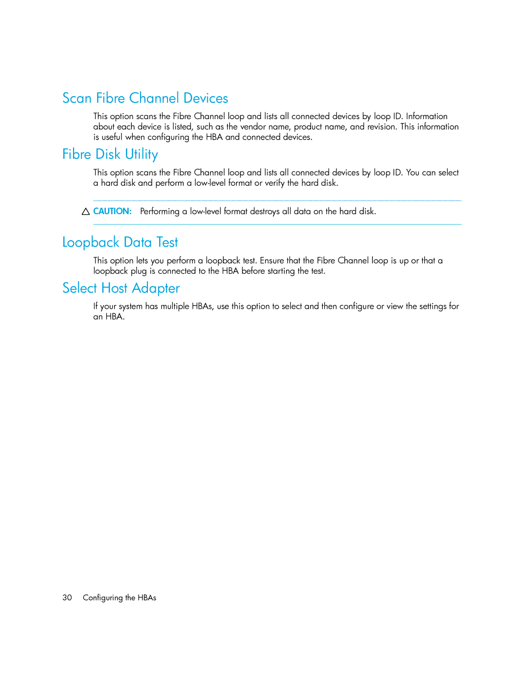 HP FC1242SR, FC1142SR manual Scan Fibre Channel Devices, Fibre Disk Utility, Loopback Data Test, Select Host Adapter 