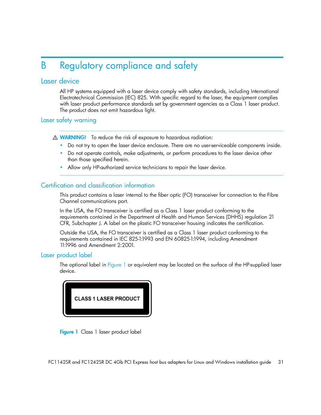 HP FC1142SR, FC1242SR manual Regulatory compliance and safety, Laser device 