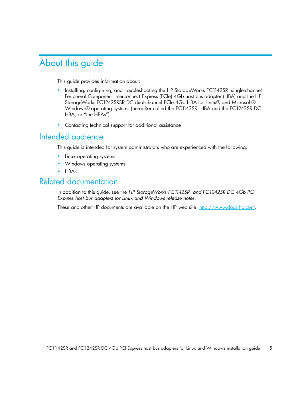 HP FC1142SR, FC1242SR manual About this guide, Intended audience, Related documentation 