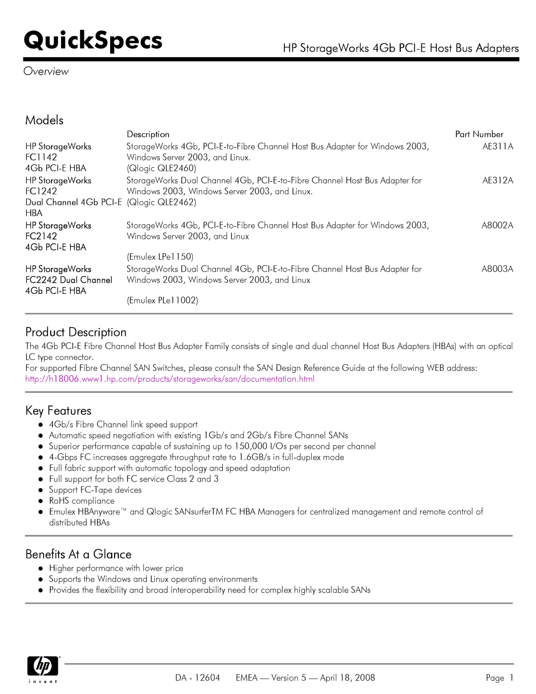 HP FC2142, FC2242, FC1142 manual Models, Product Description, Key Features, Benefits At a Glance 