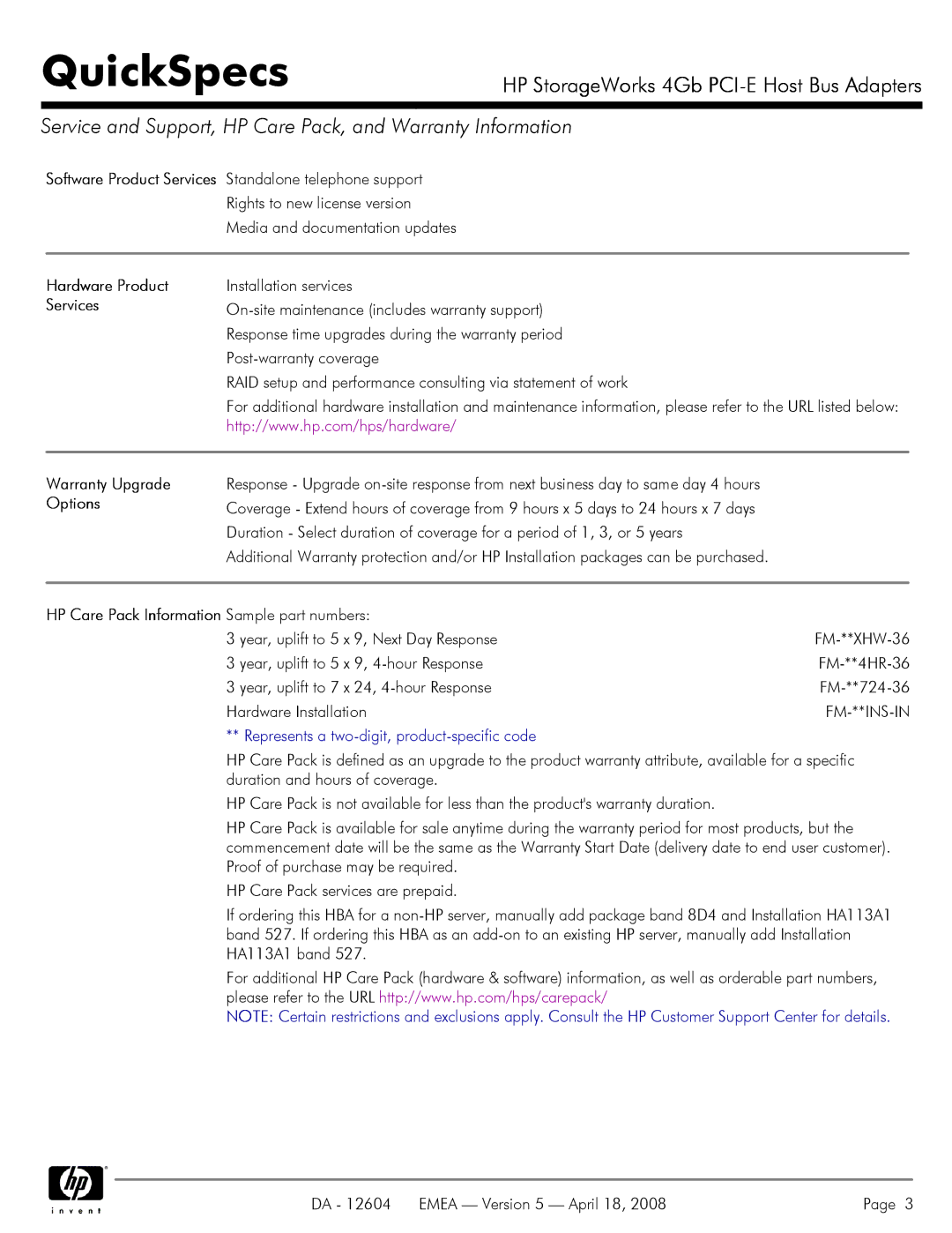 HP FC2242, FC2142, FC1142 manual Warranty Upgrade, Options, HP Care Pack Information Sample part numbers 