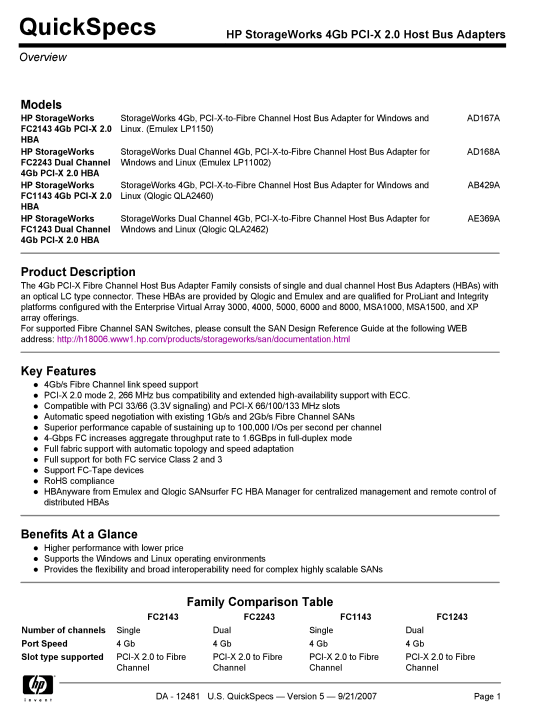 HP FC1243, FC2243 manual Models, Product Description, Key Features, Benefits At a Glance, Family Comparison Table 