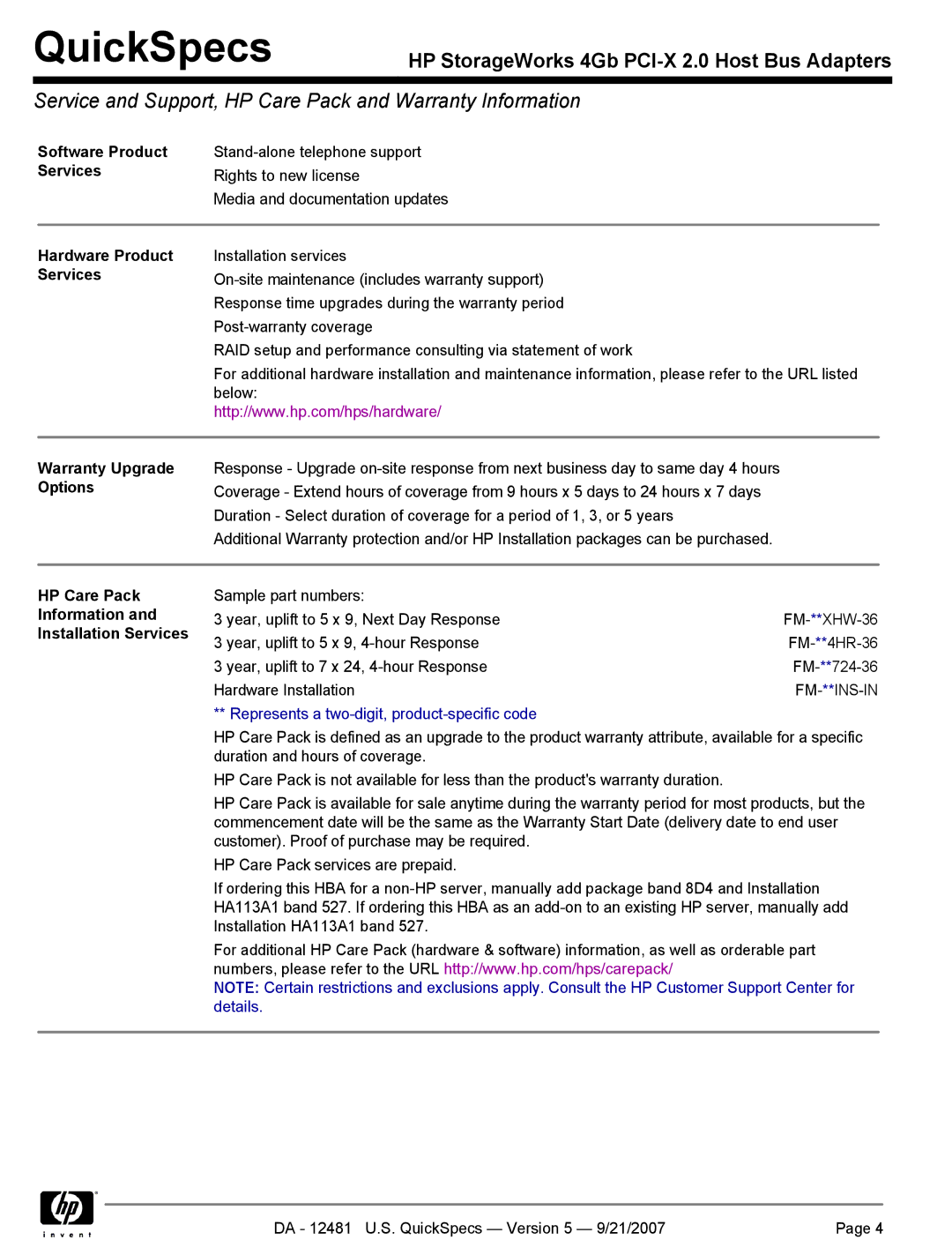 HP FC2243, FC1243 Software Product, Hardware Product Services, Warranty Upgrade, Options, HP Care Pack, Information 