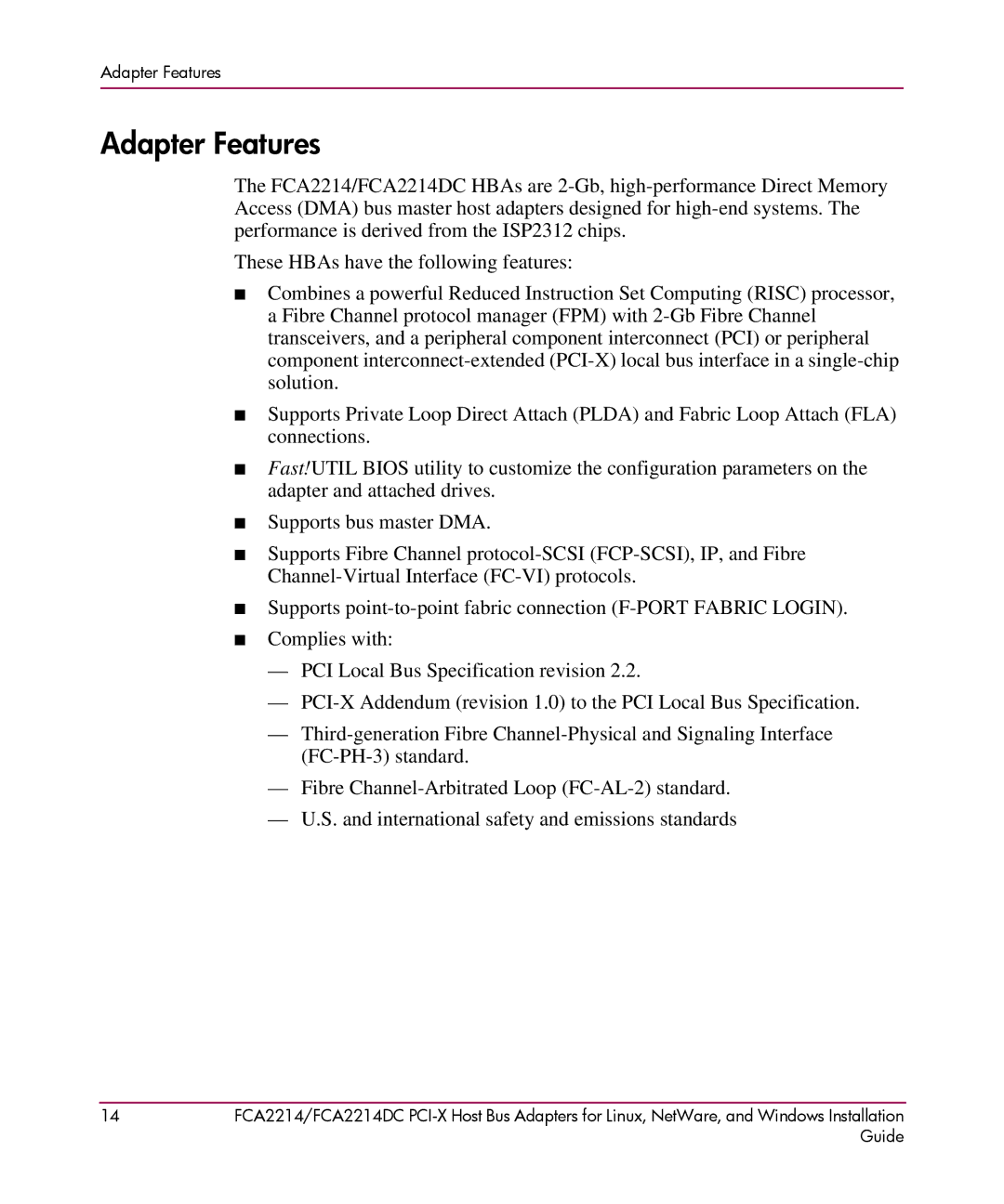 HP FCA2214DC I-X manual Adapter Features 