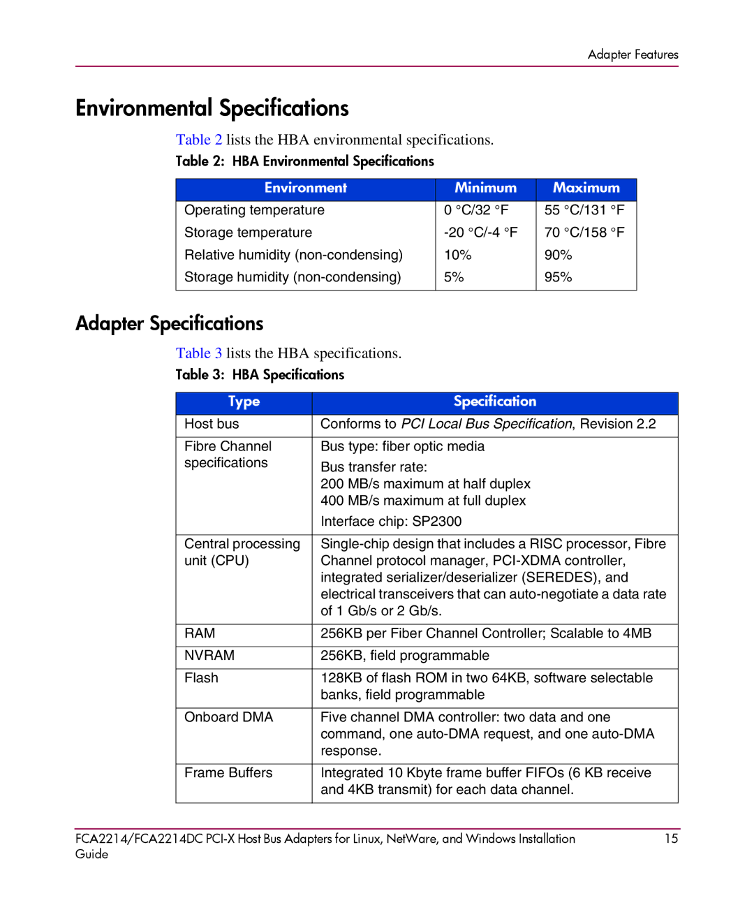 HP FCA2214DC I-X manual Environmental Specifications, Adapter Specifications 