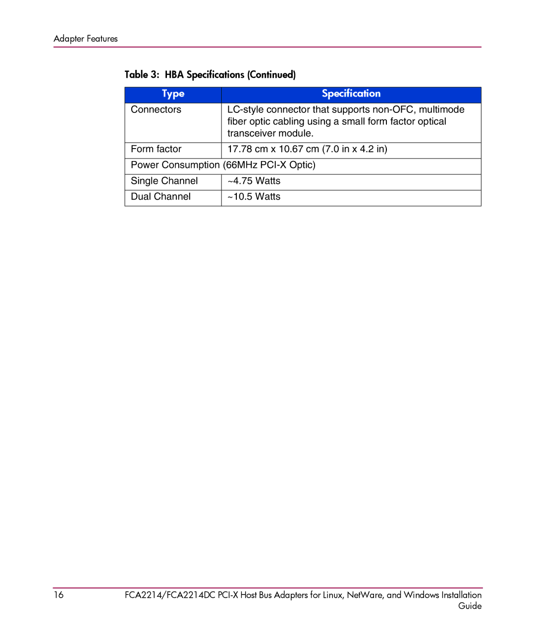 HP FCA2214DC I-X manual Type Specification 