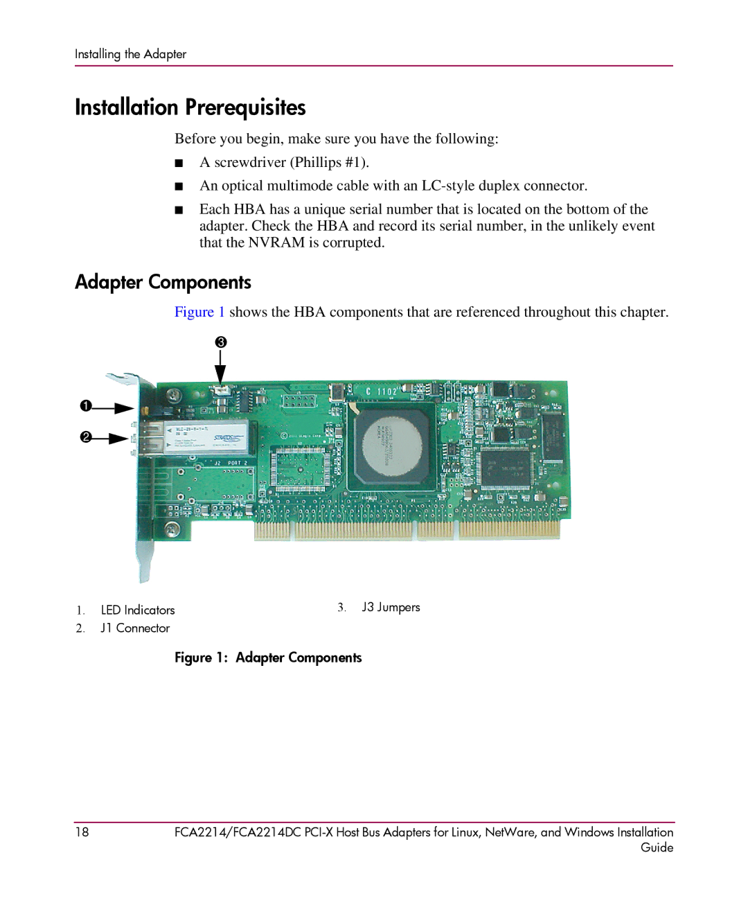 HP FCA2214DC I-X manual Installation Prerequisites, Adapter Components 