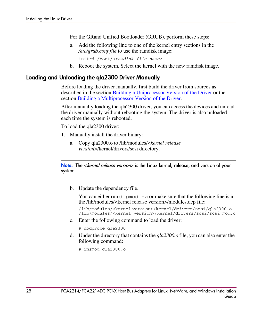 HP FCA2214DC I-X manual Loading and Unloading the qla2300 Driver Manually 