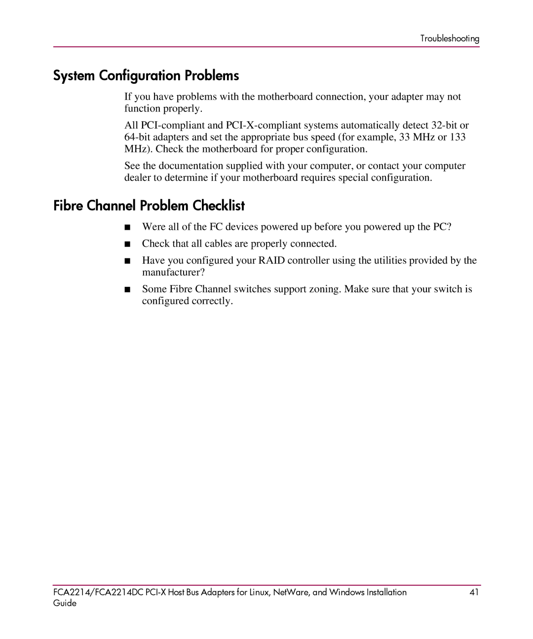 HP FCA2214DC I-X manual System Configuration Problems, Fibre Channel Problem Checklist 