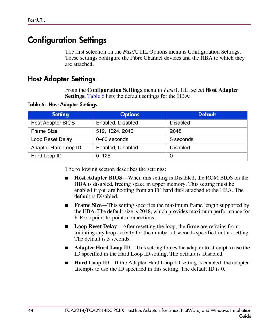 HP FCA2214DC I-X manual Configuration Settings, Host Adapter Settings 