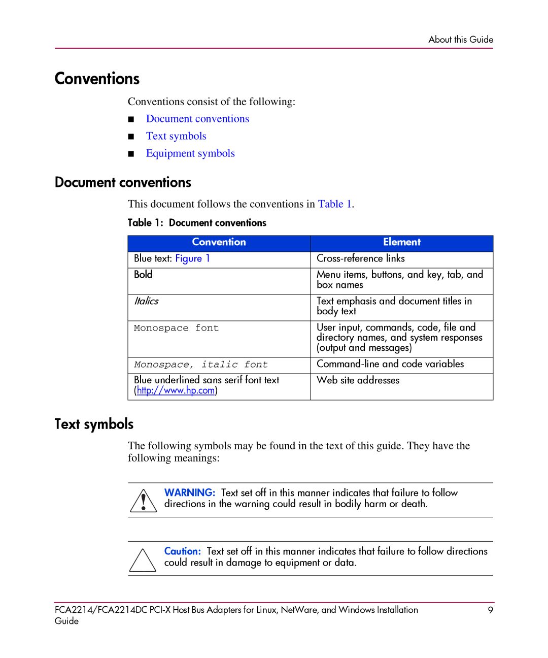 HP FCA2214DC I-X manual Conventions, Document conventions, Text symbols 