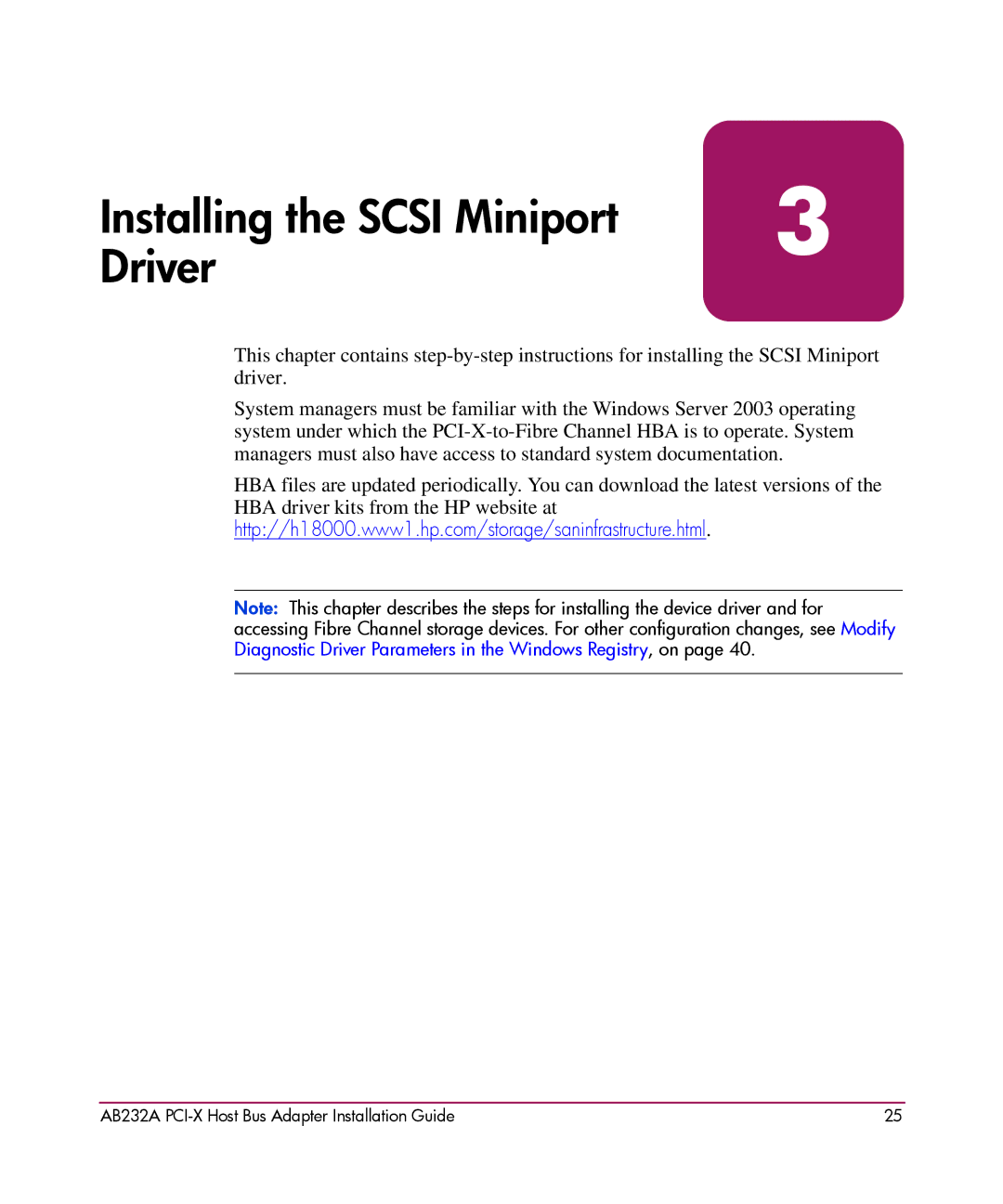 HP FCA2404 AB232A AB232A manual Installing the Scsi Miniport Driver 