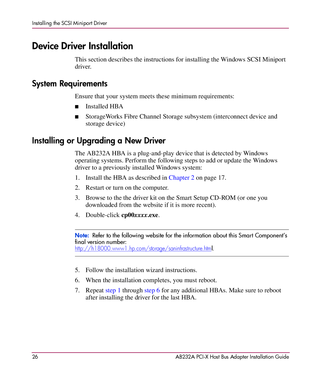 HP FCA2404 AB232A AB232A manual Device Driver Installation, System Requirements, Installing or Upgrading a New Driver 