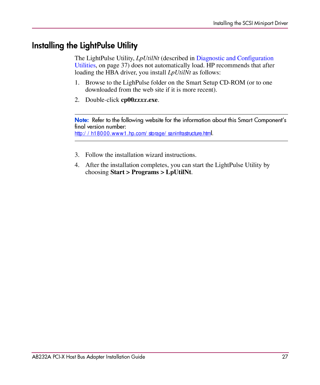 HP FCA2404 AB232A AB232A manual Installing the LightPulse Utility 