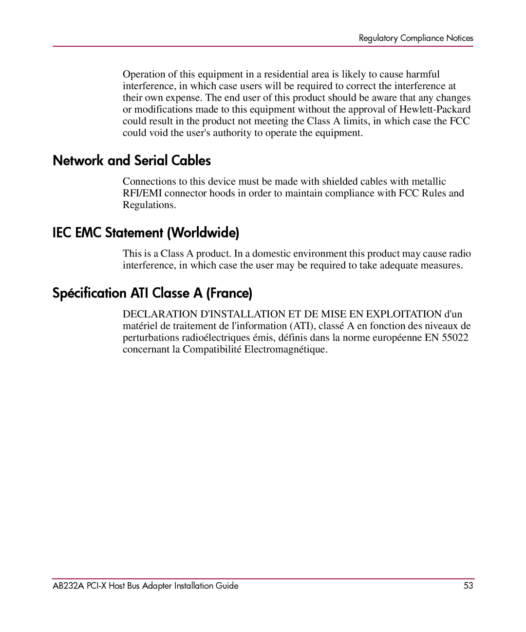 HP FCA2404 AB232A AB232A manual Network and Serial Cables, IEC EMC Statement Worldwide, Spécification ATI Classe a France 