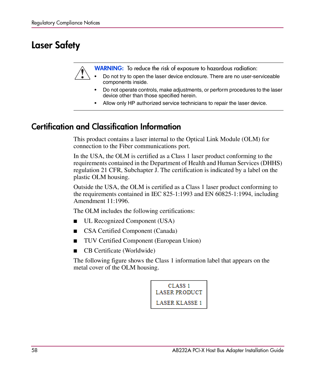 HP FCA2404 AB232A AB232A manual Laser Safety, Certification and Classification Information 