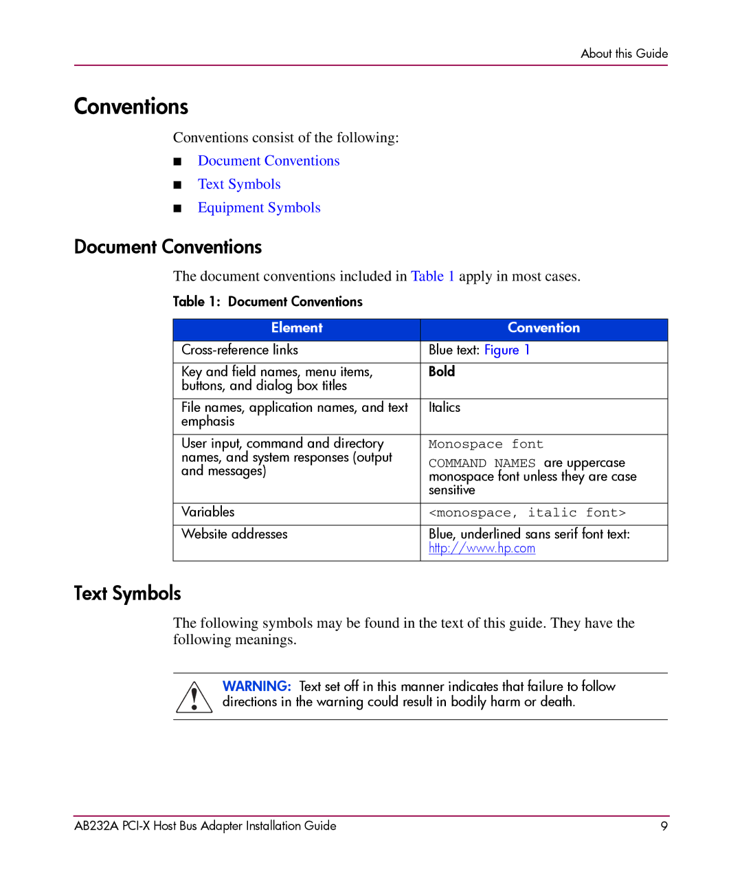 HP FCA2404 AB232A AB232A manual Document Conventions, Text Symbols 