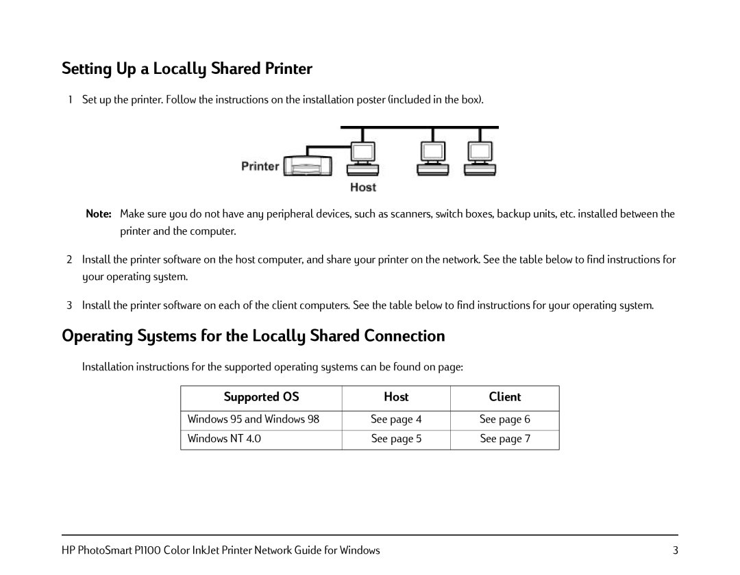 HP FESSIONAL P1100 manual Setting Up a Locally Shared Printer, Operating Systems for the Locally Shared Connection 