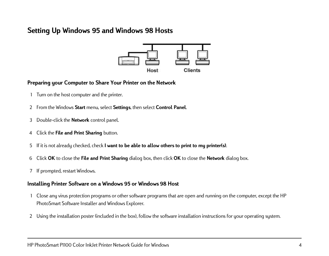 HP FESSIONAL P1100 manual Setting Up Windows 95 and Windows 98 Hosts 