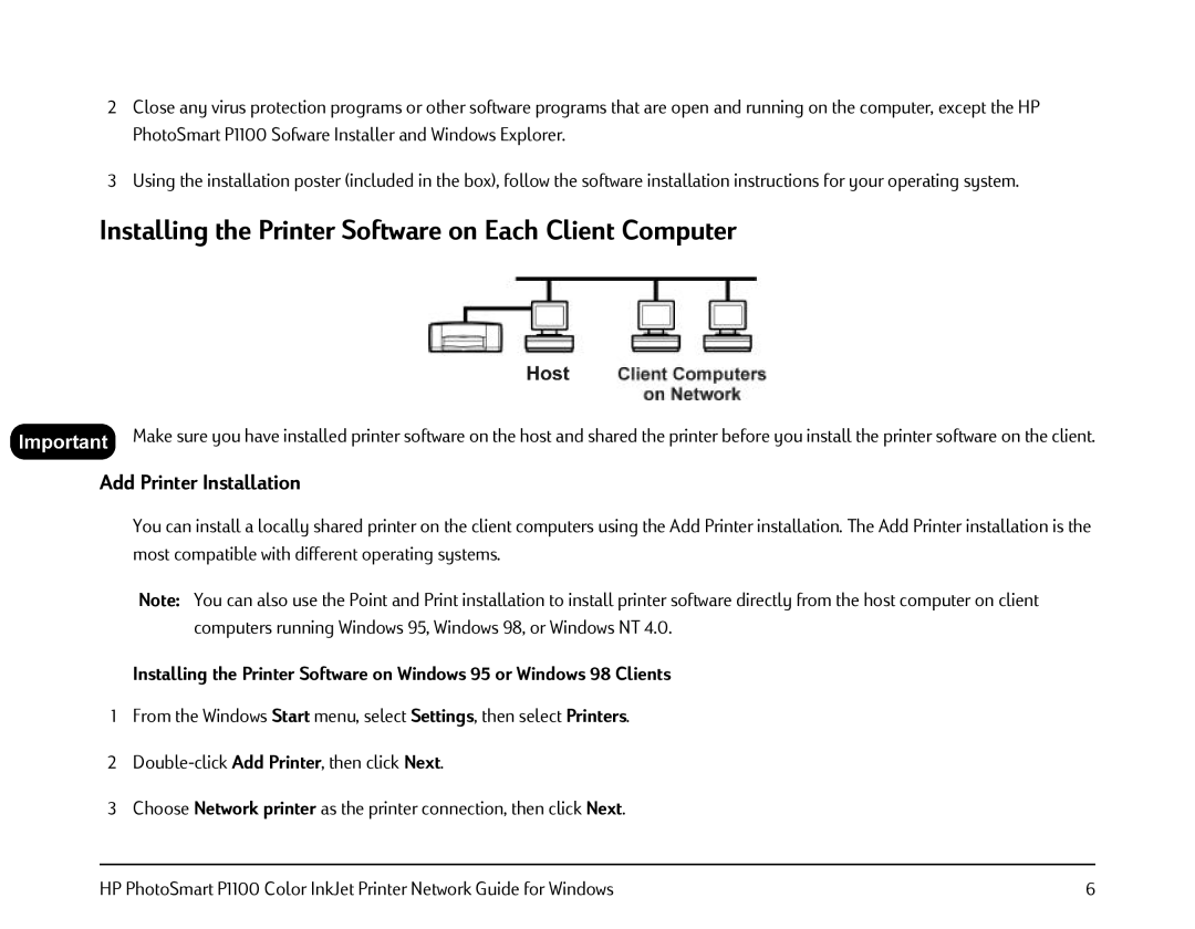 HP FESSIONAL P1100 manual Installing the Printer Software on Each Client Computer, Add Printer Installation 
