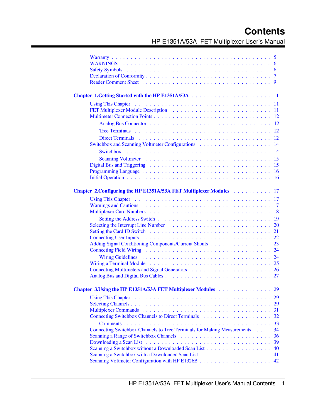 HP FET MULTIPLEXER E1351A/53A manual Contents 