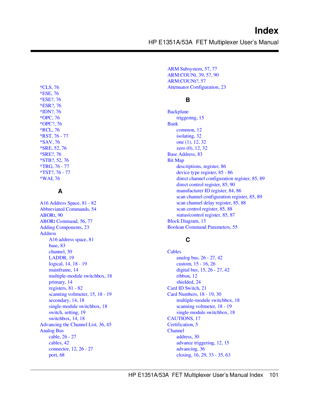 HP FET MULTIPLEXER E1351A/53A manual Index, Laddr 