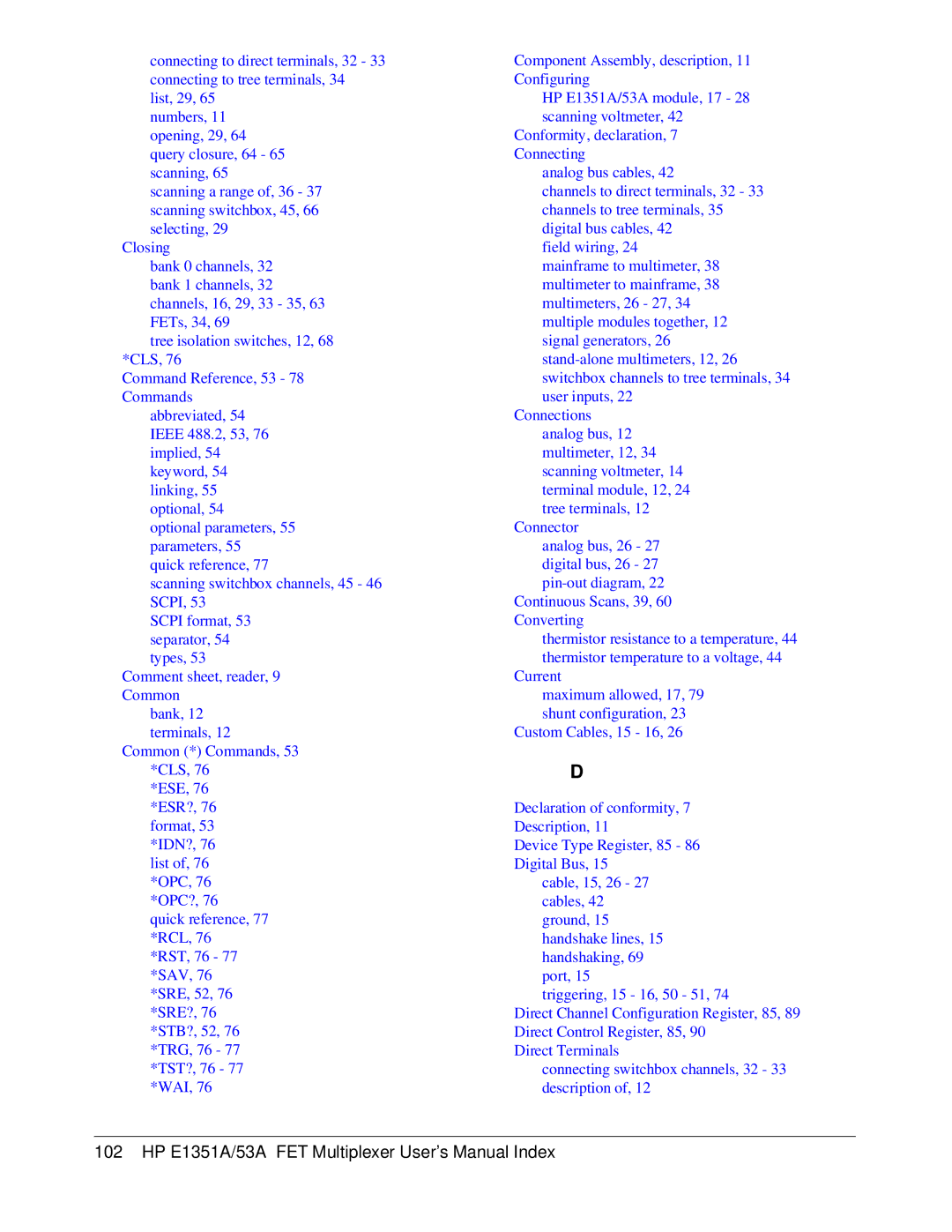 HP FET MULTIPLEXER E1351A/53A manual HP E1351A/53A FET Multiplexer User’s Manual Index 