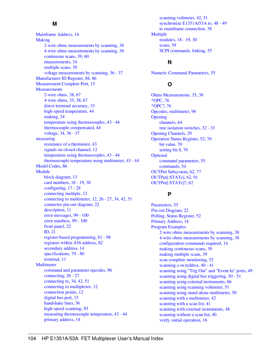 HP FET MULTIPLEXER E1351A/53A manual HP E1351A/53A FET Multiplexer User’s Manual Index 