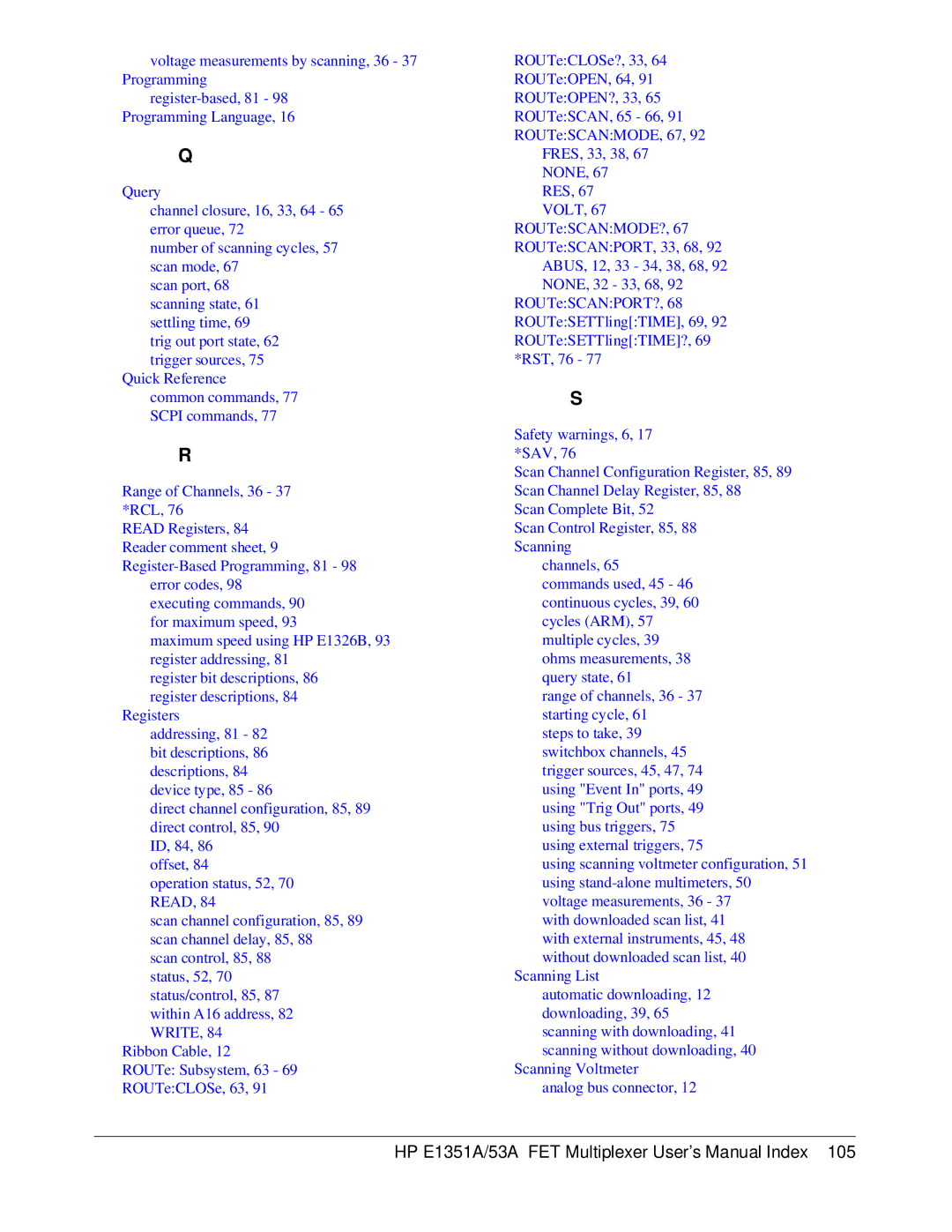 HP FET MULTIPLEXER E1351A/53A manual HP E1351A/53A FET Multiplexer User’s Manual Index 