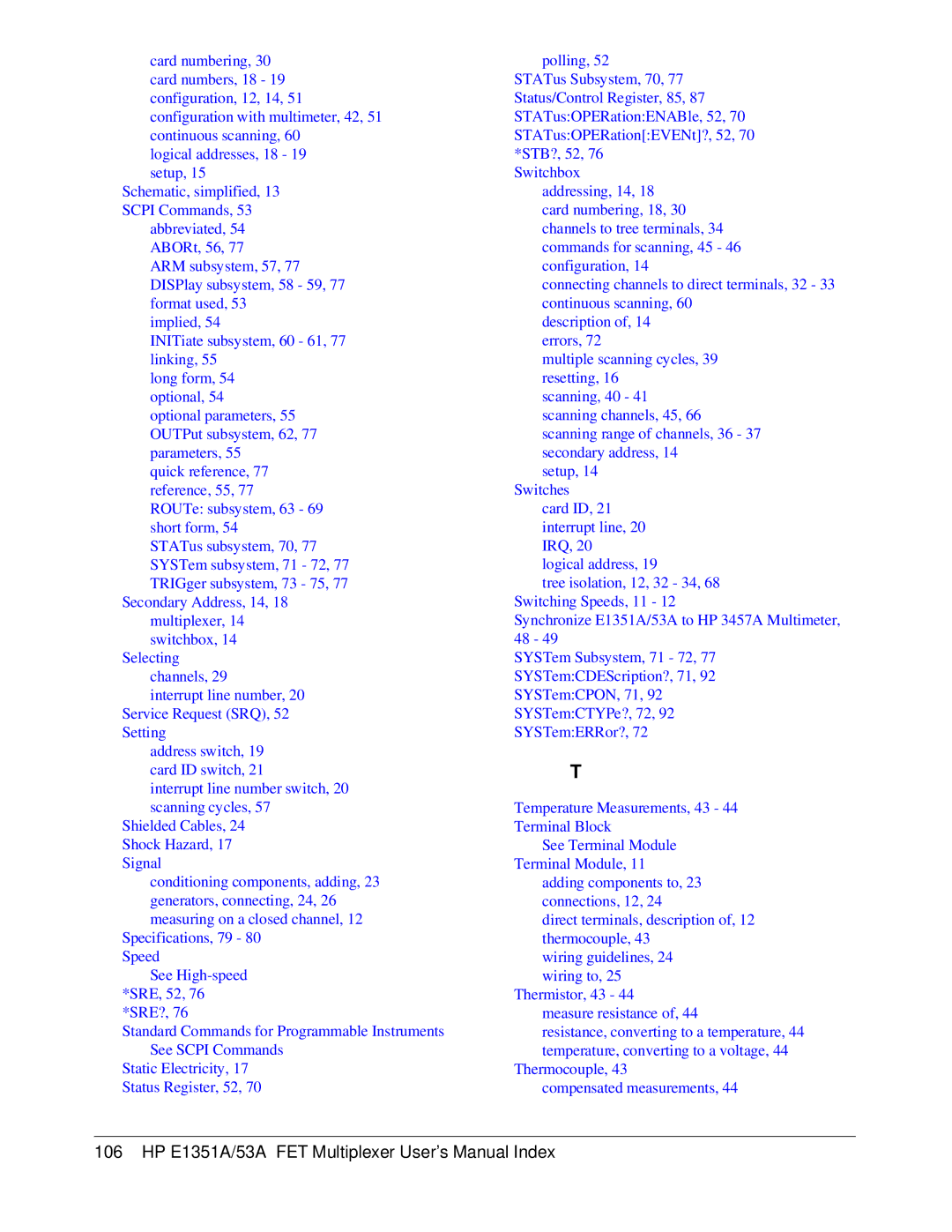 HP FET MULTIPLEXER E1351A/53A manual HP E1351A/53A FET Multiplexer User’s Manual Index 