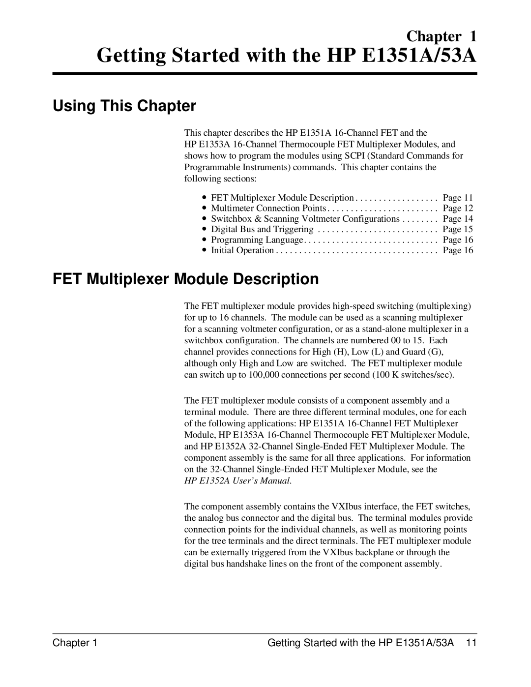 HP FET MULTIPLEXER E1351A/53A manual Using This Chapter, FET Multiplexer Module Description 