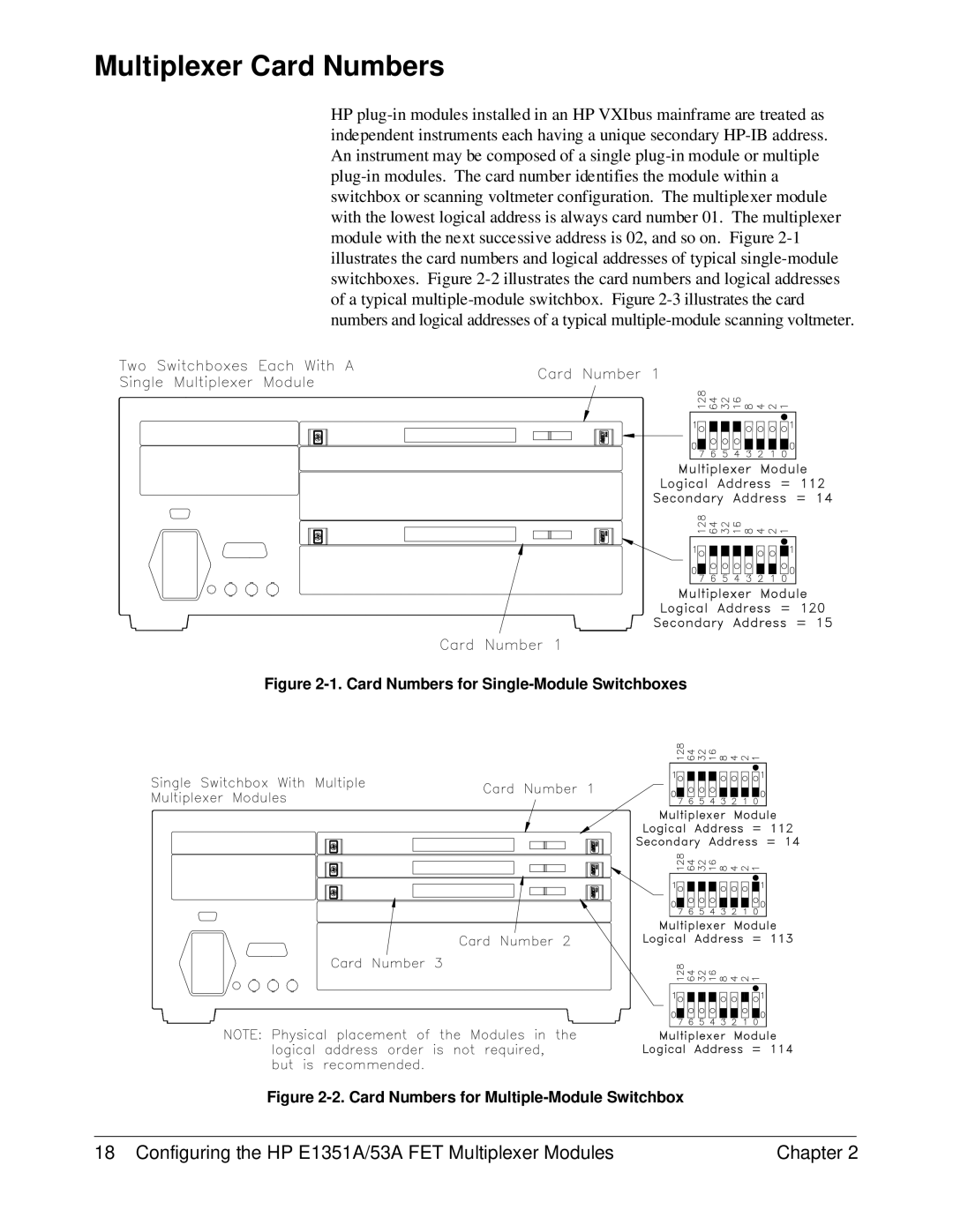 HP FET MULTIPLEXER E1351A/53A manual Multiplexer Card Numbers, Card Numbers for Single-Module Switchboxes 