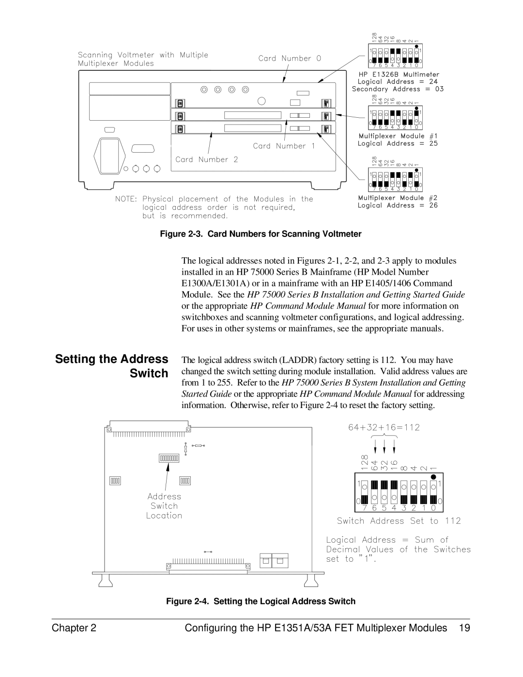 HP FET MULTIPLEXER E1351A/53A manual Setting the Address Switch, Card Numbers for Scanning Voltmeter 