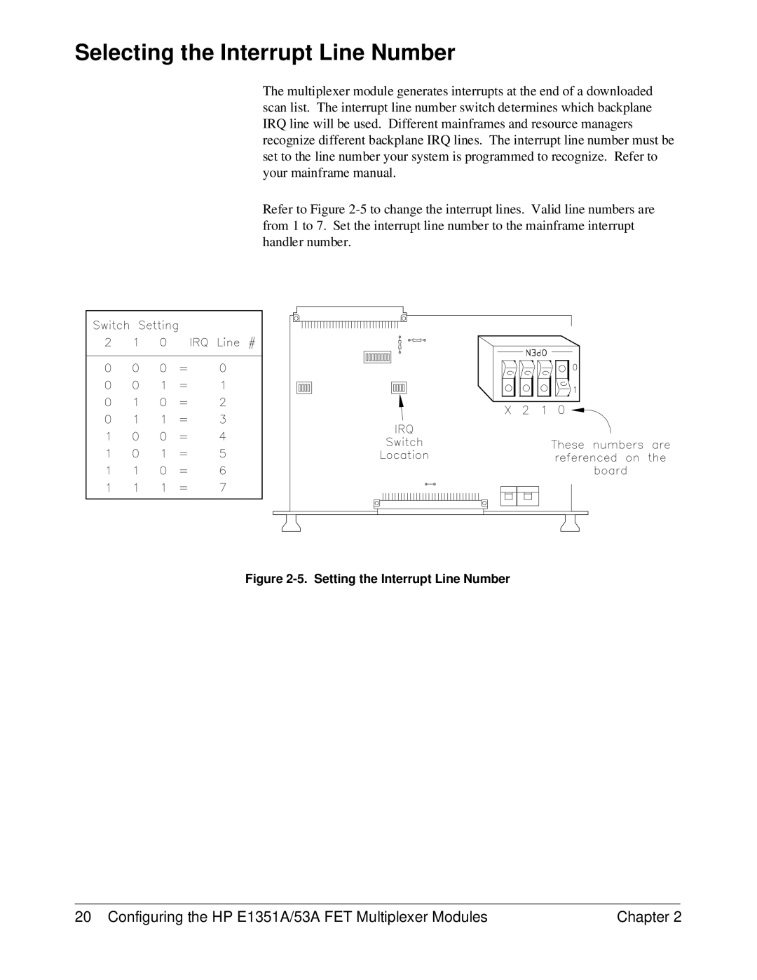 HP FET MULTIPLEXER E1351A/53A manual Selecting the Interrupt Line Number, Setting the Interrupt Line Number 