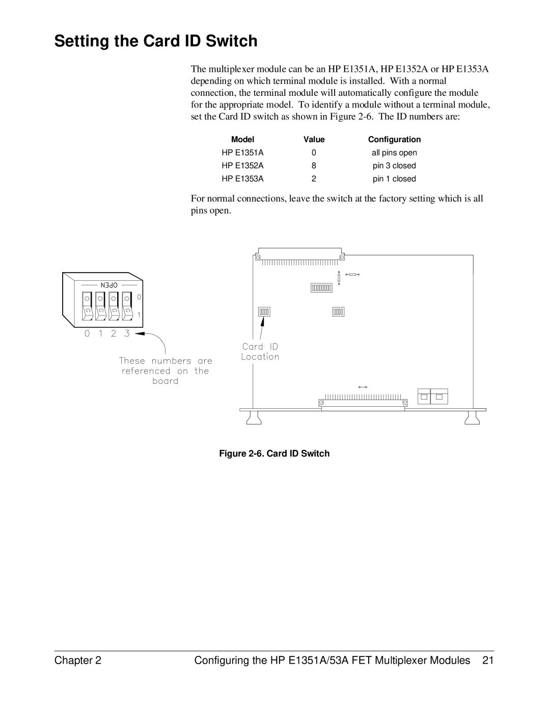 HP FET MULTIPLEXER E1351A/53A manual Setting the Card ID Switch 