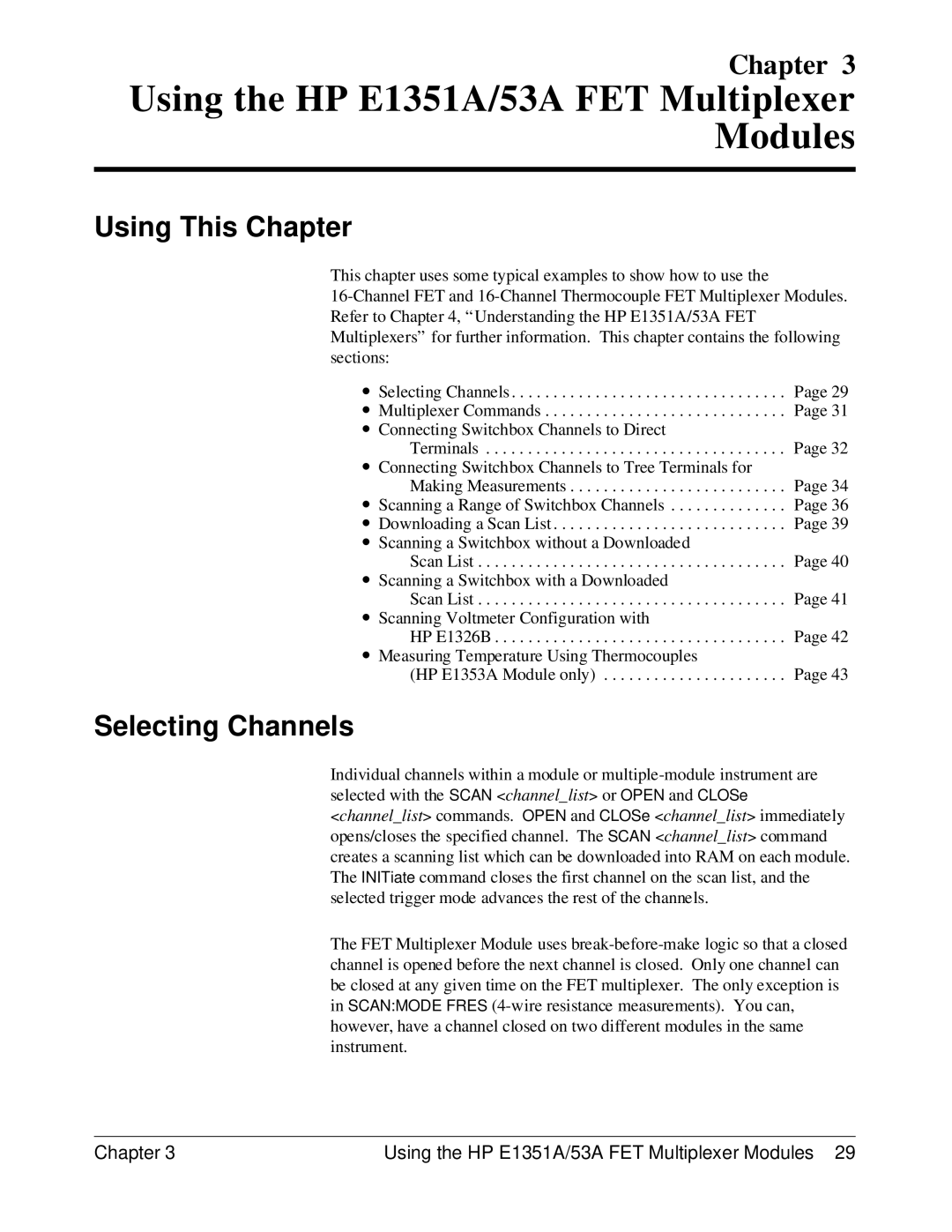 HP FET MULTIPLEXER E1351A/53A manual Using the HP E1351A/53A FET Multiplexer Modules, Selecting Channels 