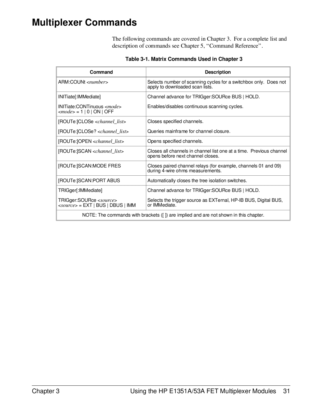 HP FET MULTIPLEXER E1351A/53A manual Multiplexer Commands, Matrix Commands Used in Chapter 