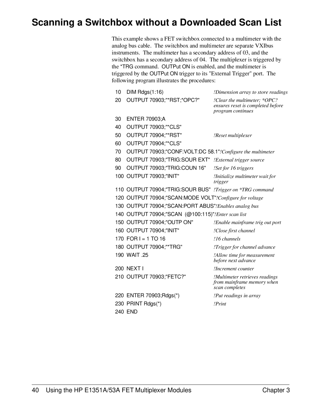 HP FET MULTIPLEXER E1351A/53A manual Scanning a Switchbox without a Downloaded Scan List, Output 70904INIT 