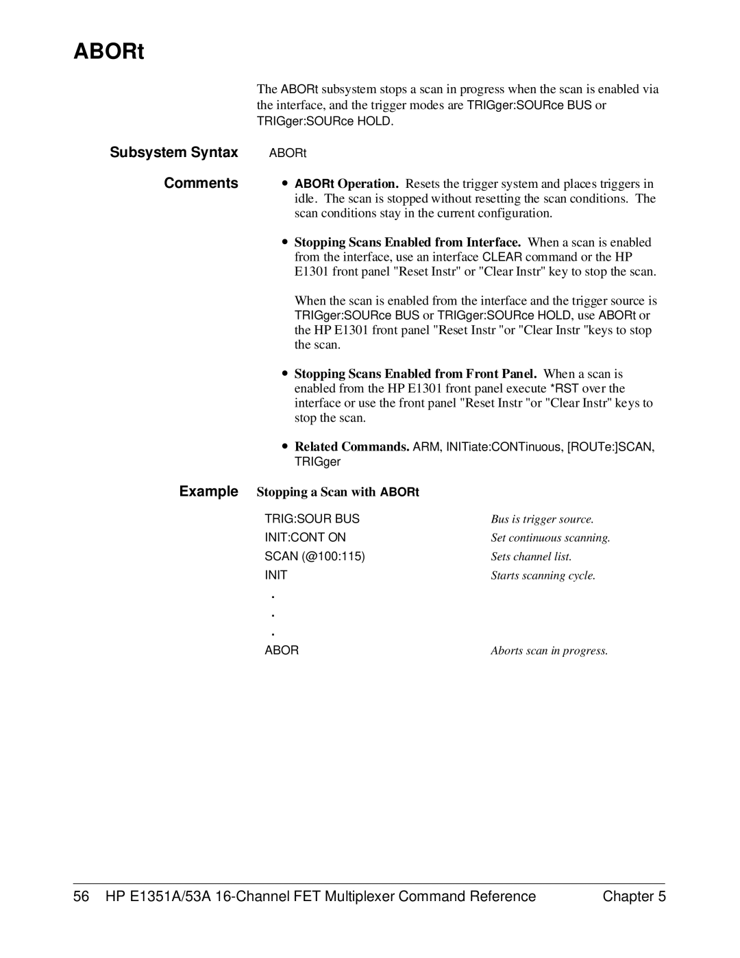 HP FET MULTIPLEXER E1351A/53A manual Subsystem Syntax, Example Stopping a Scan with ABORt 