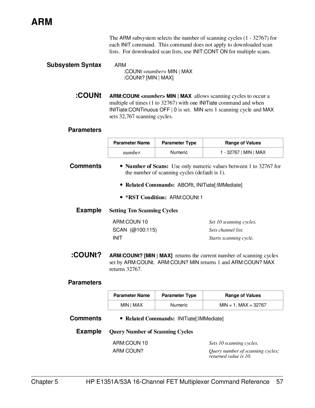 HP FET MULTIPLEXER E1351A/53A manual COUNt, Parameters, Comments, Example Query Number of Scanning Cycles 