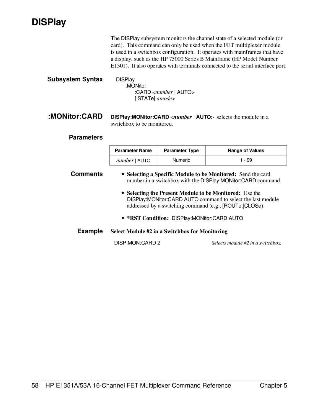 HP FET MULTIPLEXER E1351A/53A manual DISPlay, MONitorCARD, Example Select Module #2 in a Switchbox for Monitoring 